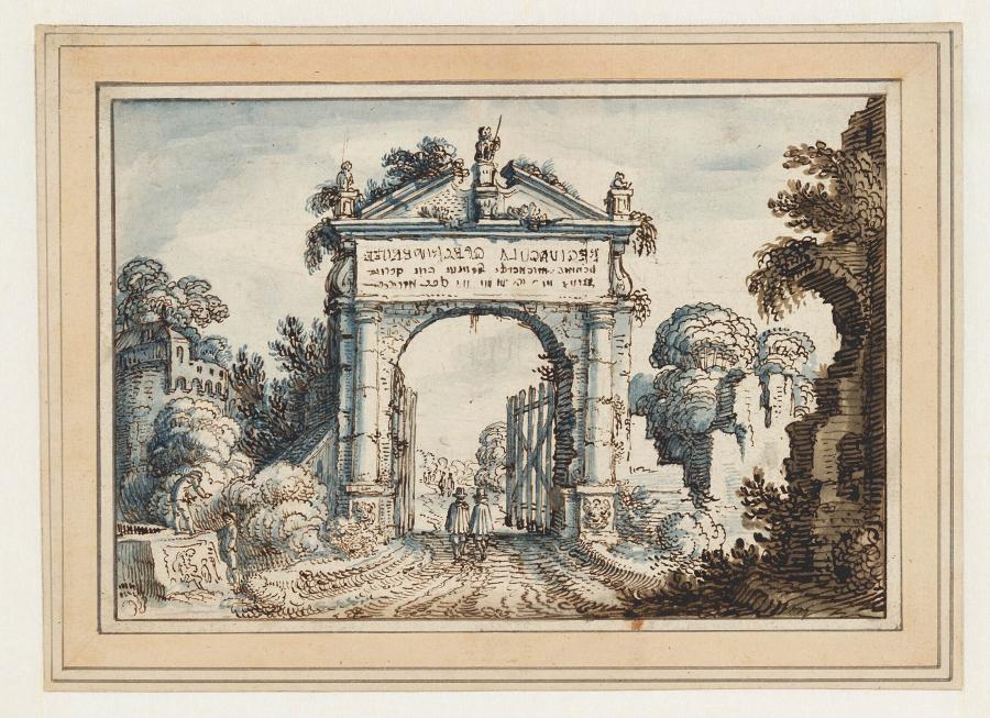 Landschap met ruïnes en een monumentale poort