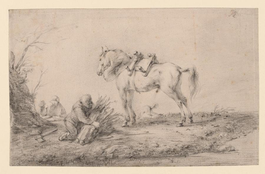 Standing Gray with a Crouching Man with a Bunch of Branches to the Left