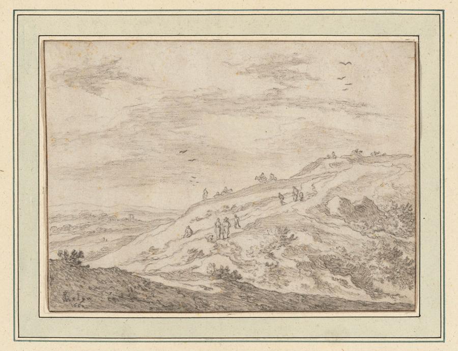 Landschap met rechts lage duinen en vergezicht figuren en ruiters