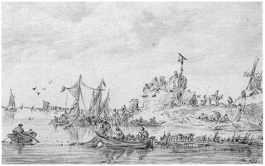 Waterscape with Fishing Vessels, a Round Tower and a Windmill