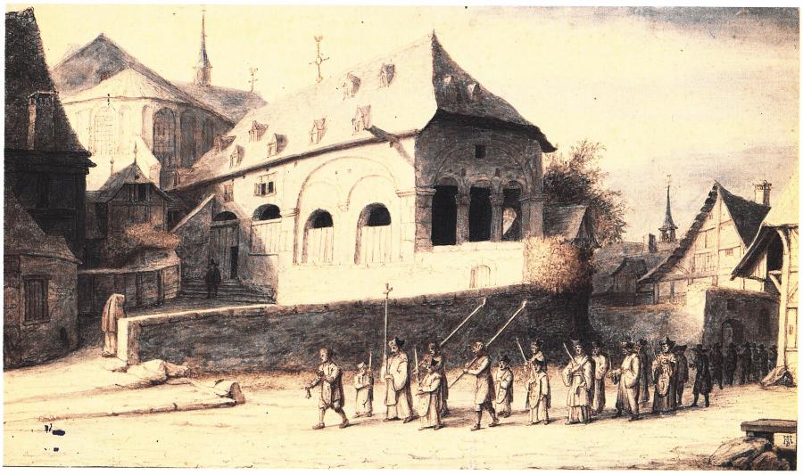 Gezicht op de zuidelijke toegangspartij van de Sankt Maria im Kapitol in Keulen, met een processie