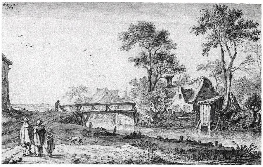 Landschap met een brug over een kanaal, waarachter een dorp