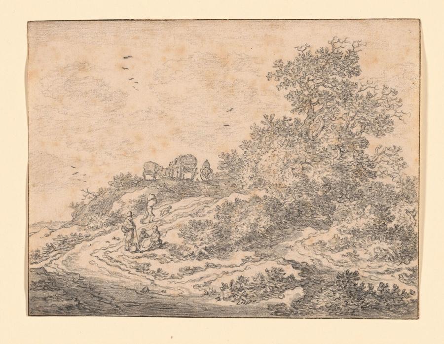 Duinlandschap met boeren en wagens