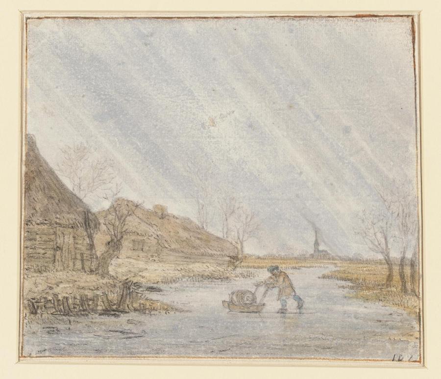 Winter Landscape, Frozen Canal with Sledge