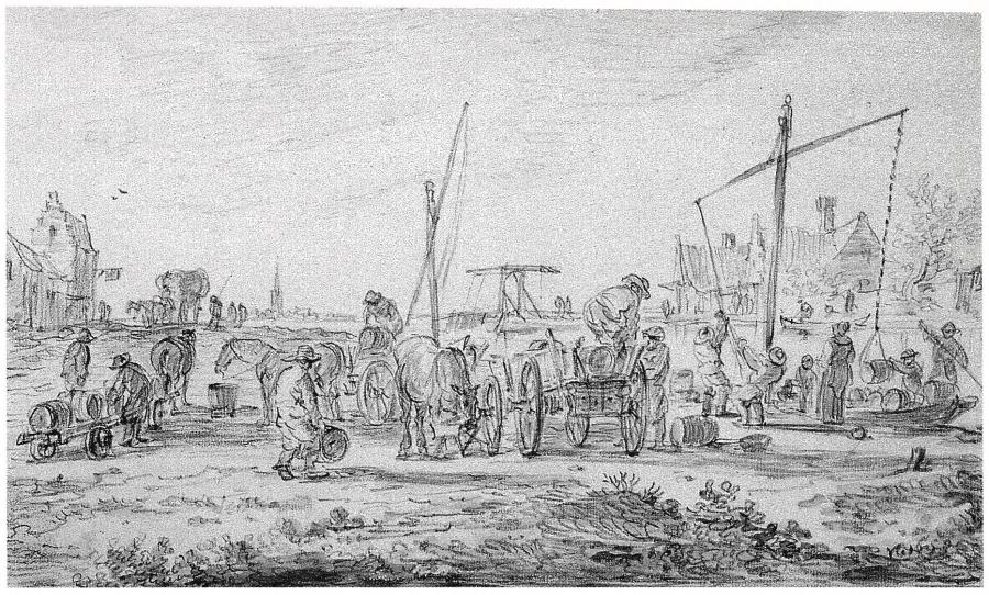 Barrels Being Unloaded from a Boat on the Shore of a Canal