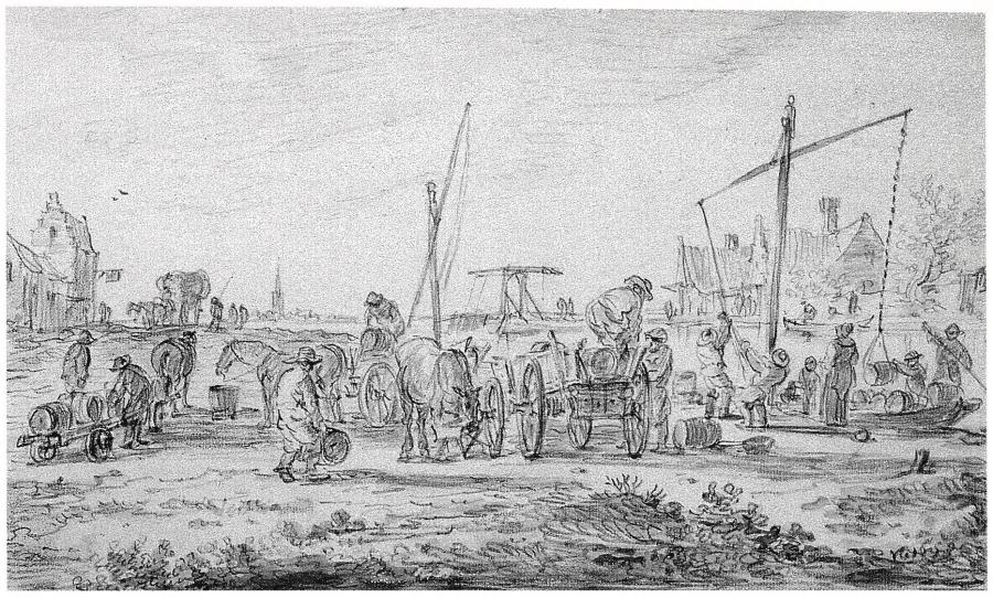 Barrels Being Unloaded from a Boat on the Shore of a Canal