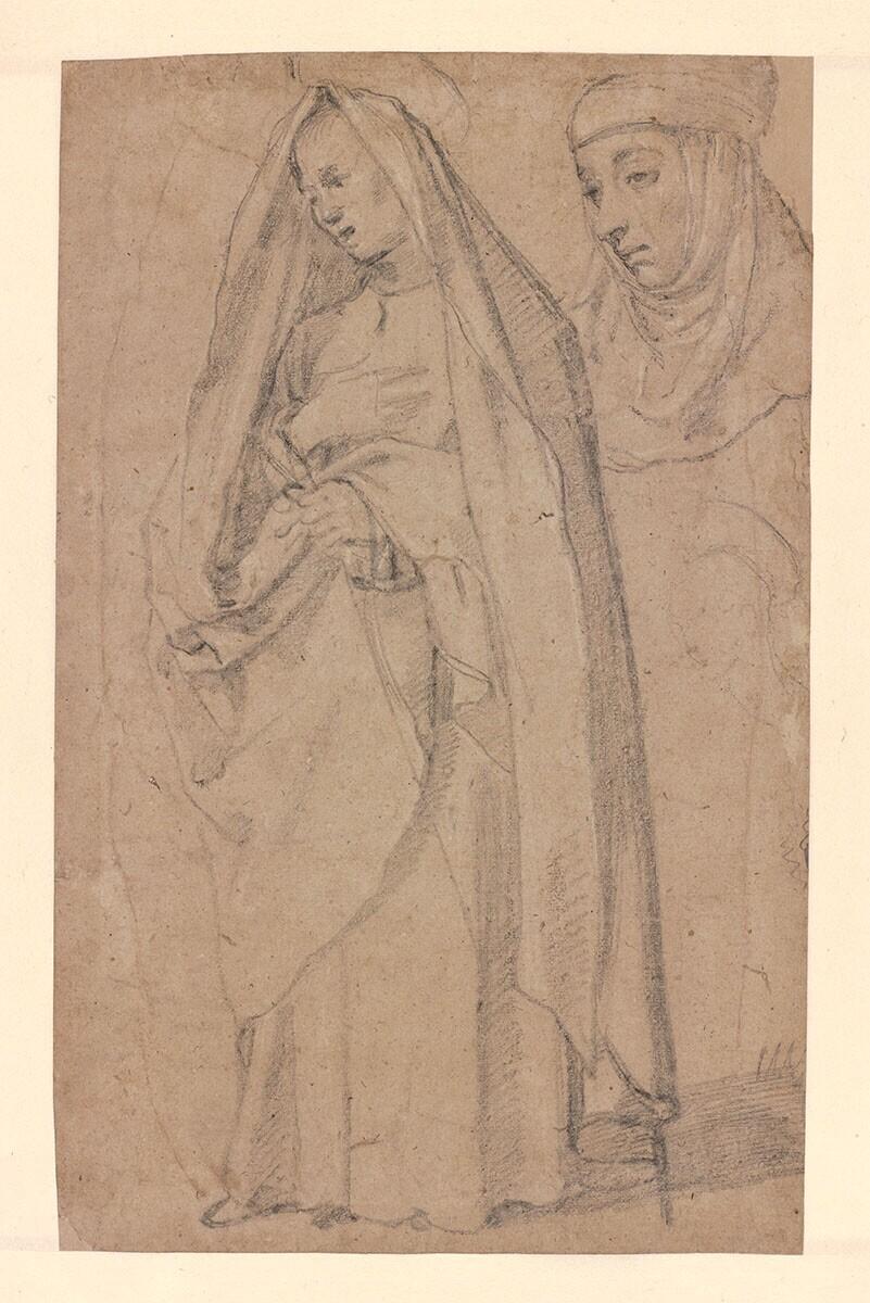 Standing woman holding a stick; and a study of a female head