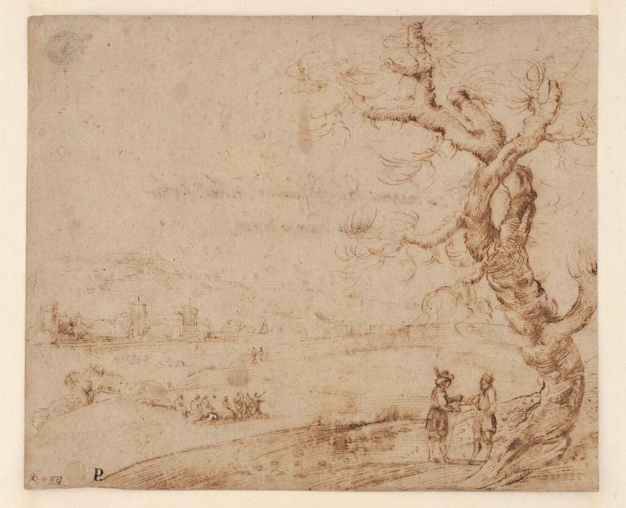 Landschap met twee mannen in gesprek