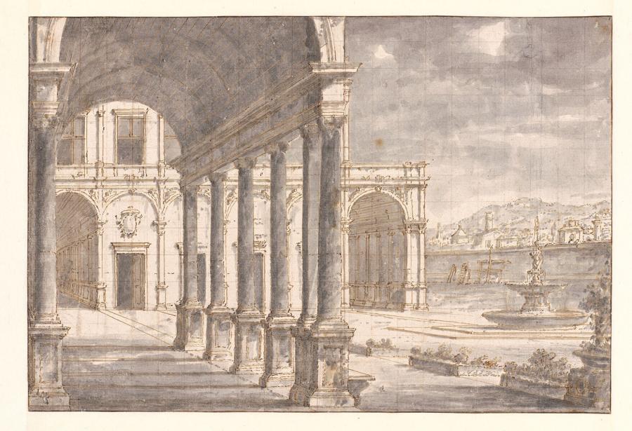 Gezicht op colonnade en een terras van een paleis