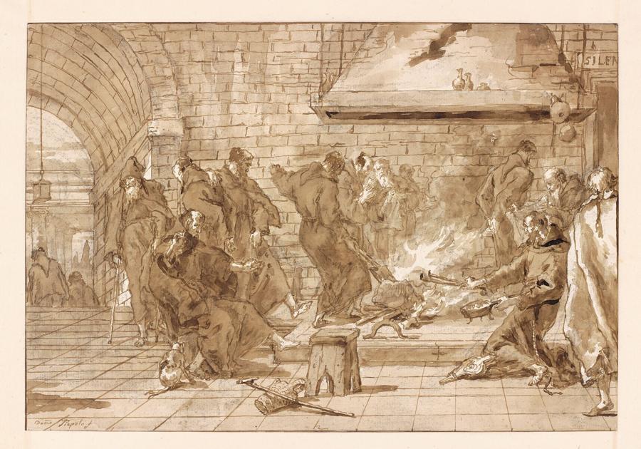 Monks Around a Fire in a Monastery Hall
