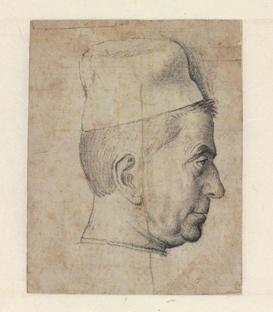 Portret van een man met muts, in profiel naar rechts