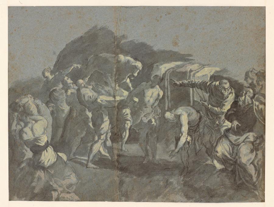 De aanbidding van het gouden kalf, kopie naar Tintoretto (recto), staande man in een lange overjas (verso)
