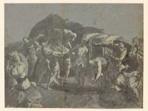 de-aanbidding-van-het-gouden-kalf-kopie-naar-tintoretto-recto-staande-man-in-een-lange-overjas-verso