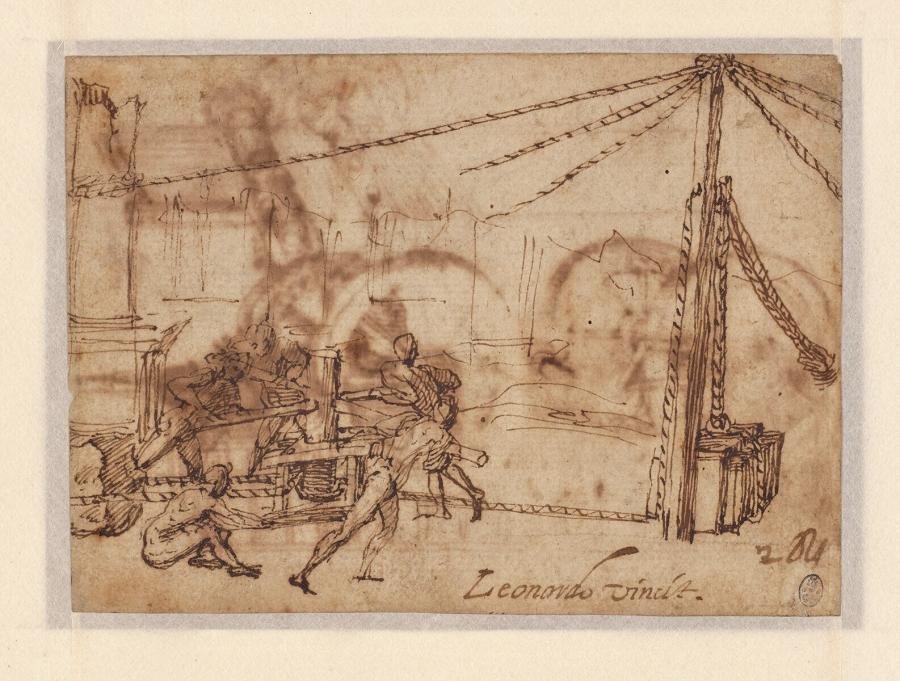 A Group of Men Spinning a Winch