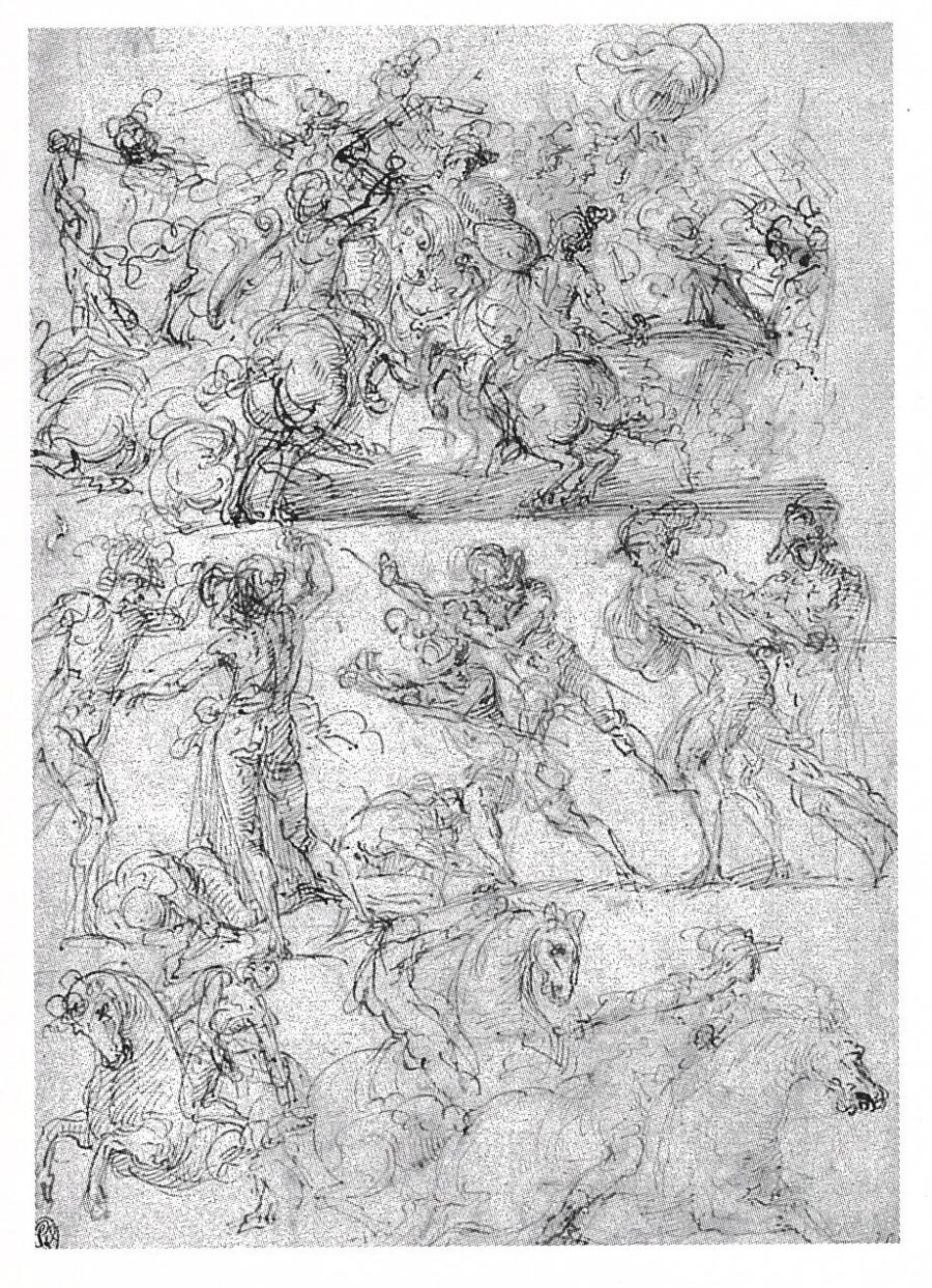 Studies van vechtende cavalerie en infanterie in drie registers