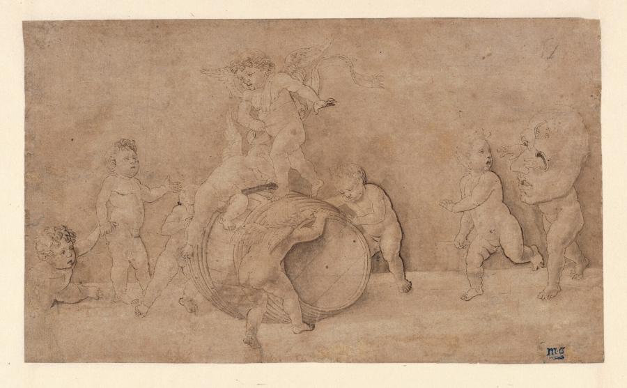 Putti Playing with a Barrel and a Mask