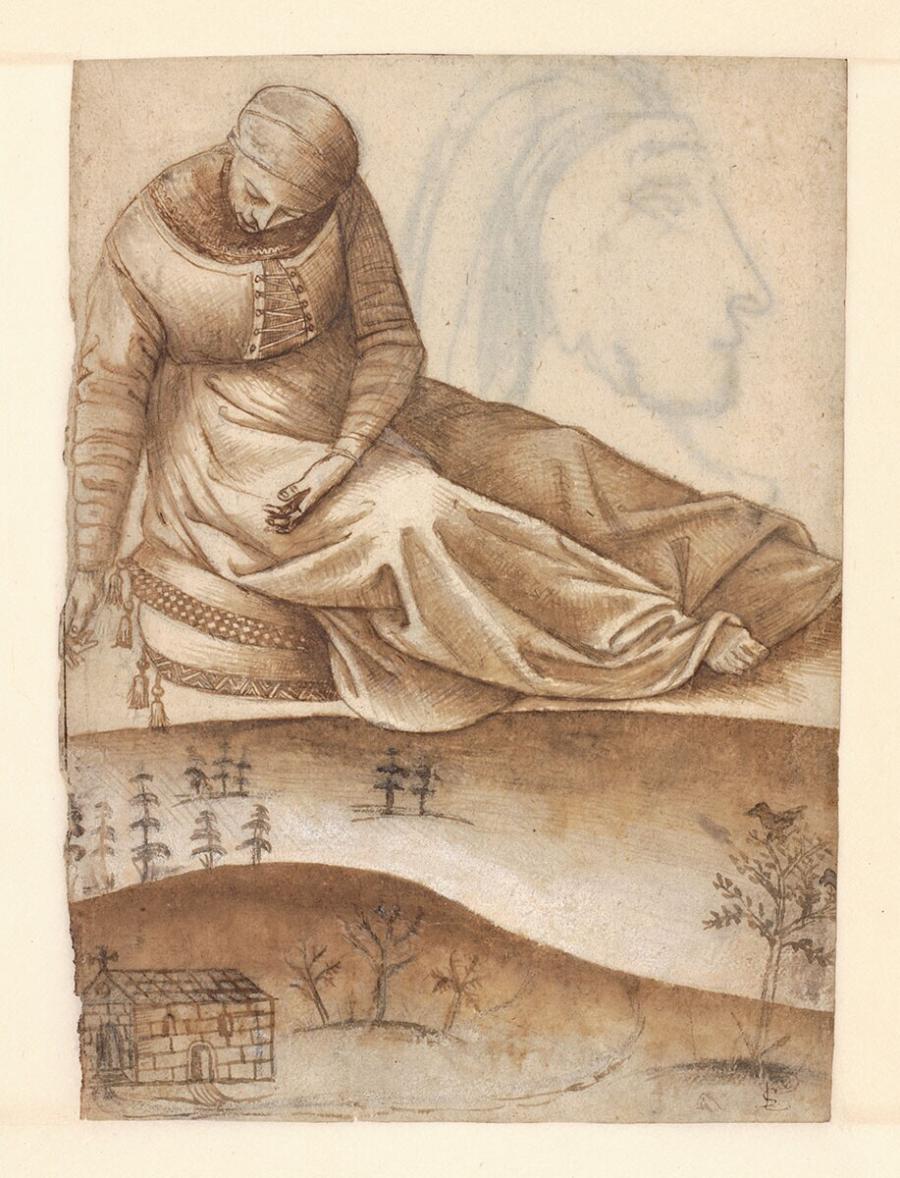 Woman Seated on a Cushion, with a Hilly Landscape and a Small Church