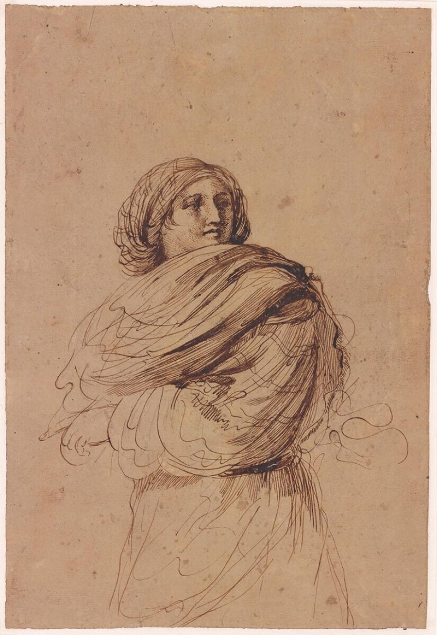 Staande vrouw, halffiguur, gezien van opzij, aankijkend