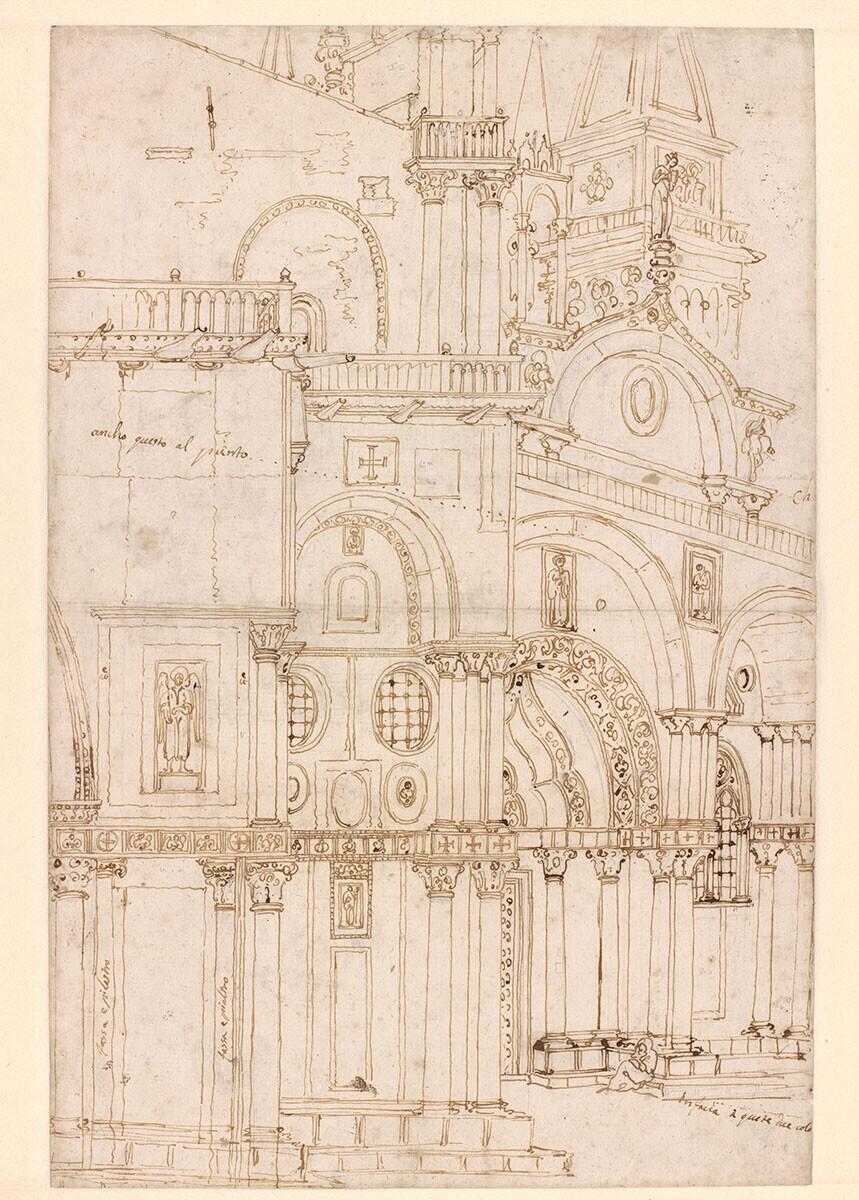 Architectuurstudie van de noordfaçade van de Basilica di San Marco tegenover S. Basso in Venetië