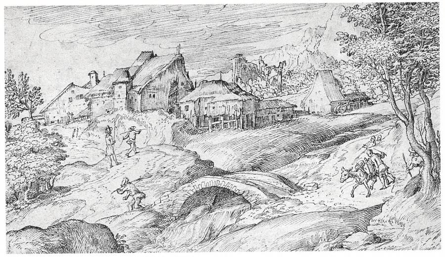 Landschap met een bergen, een kleine stenen brug en een dorpje