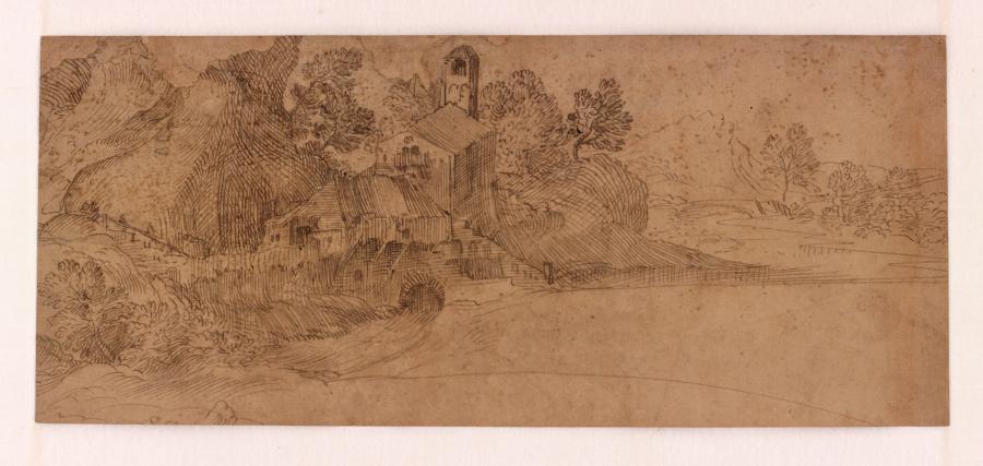 Landschap met kerk en rivierdal