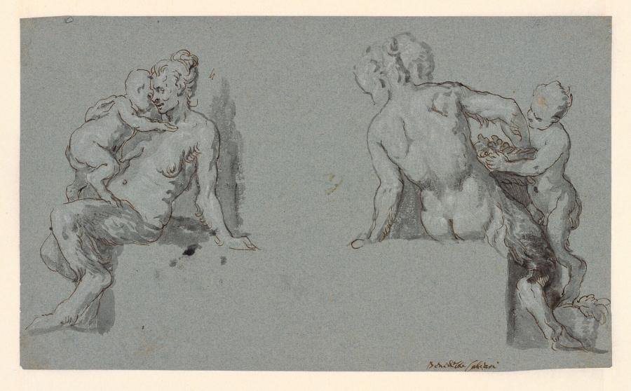 Two Seated Female Fauns with Children