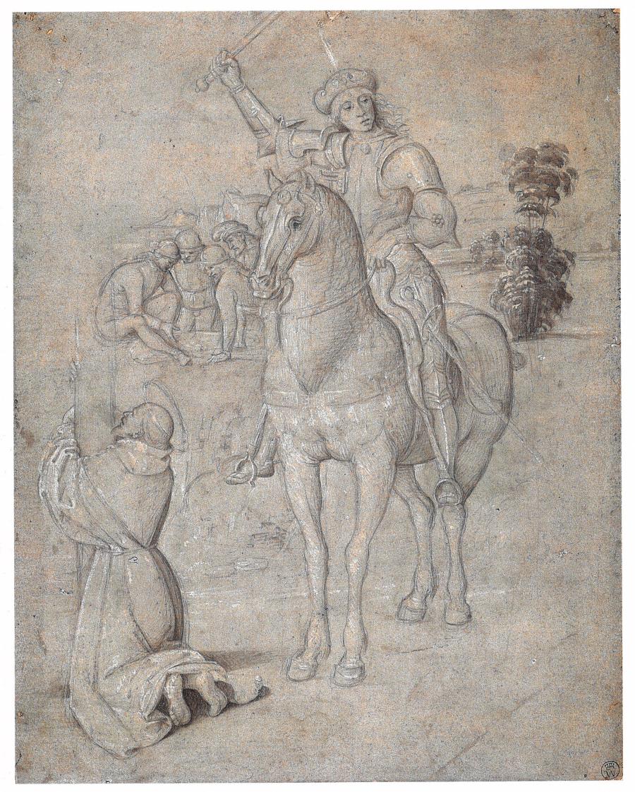 Three Motifs from the Crucifixion Fresco in Santa Maria degli Angeli in Assisi, a Horseman, St. Francis Kneeling beneath the Cross, a Group of People Casting Dice