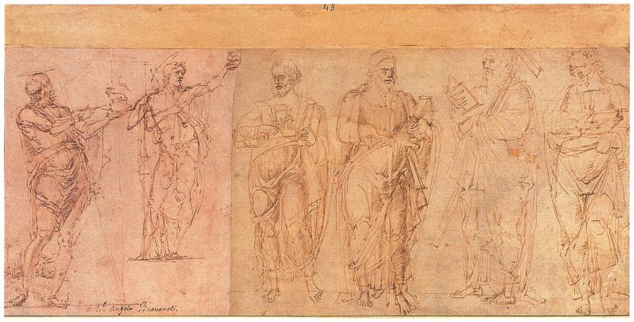 Twee studies voor een St Johannes de Doper (links), vier studies voor andere heiligen, waaronder Petrus, Paulus en Andreas