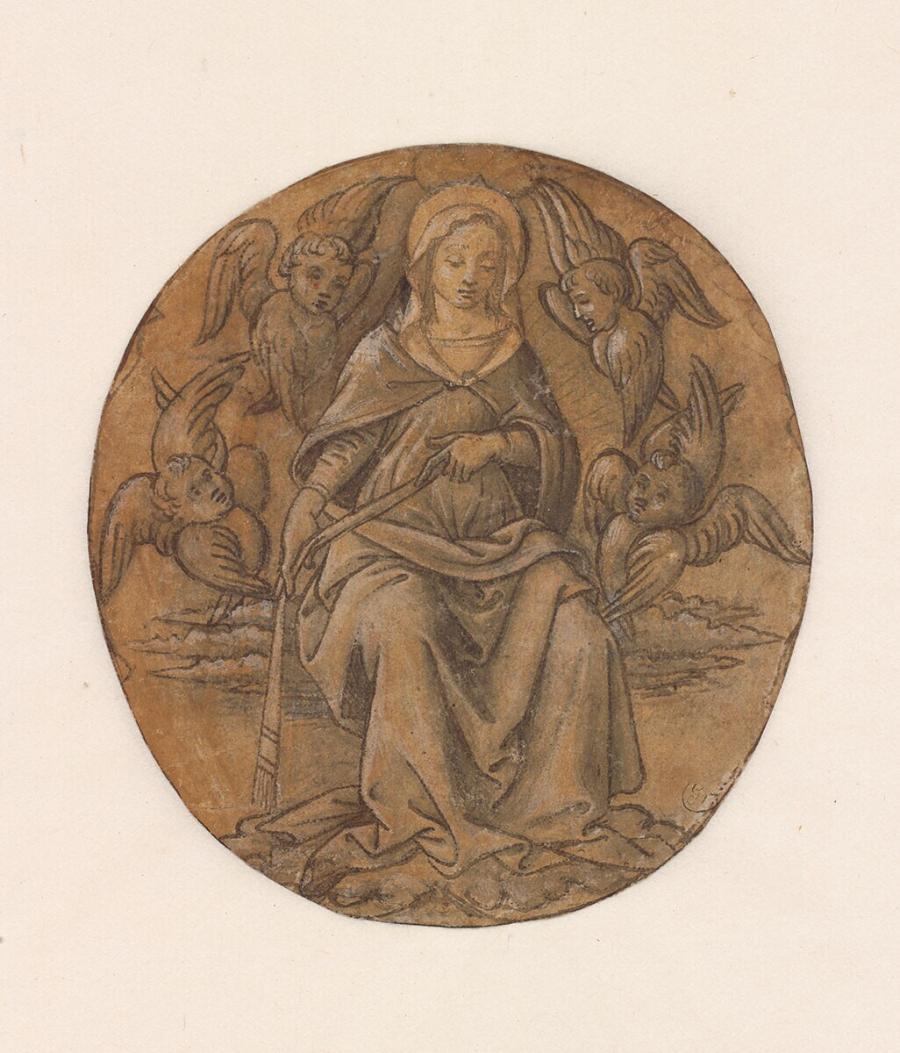 Seated Virgin Mary with a Girdle Surrounded by Four Cherubim