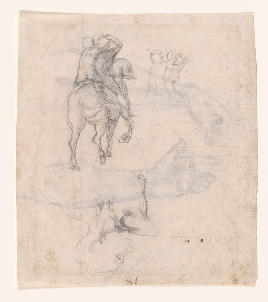 Studies of Two Male Nudes on Horseback and a Male Head