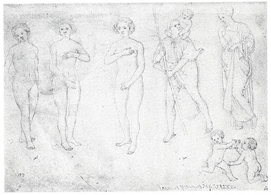 Drie studies van staande naakte vrouwen, een Heilige Christoforus, een Hesperide en twee spelende putti