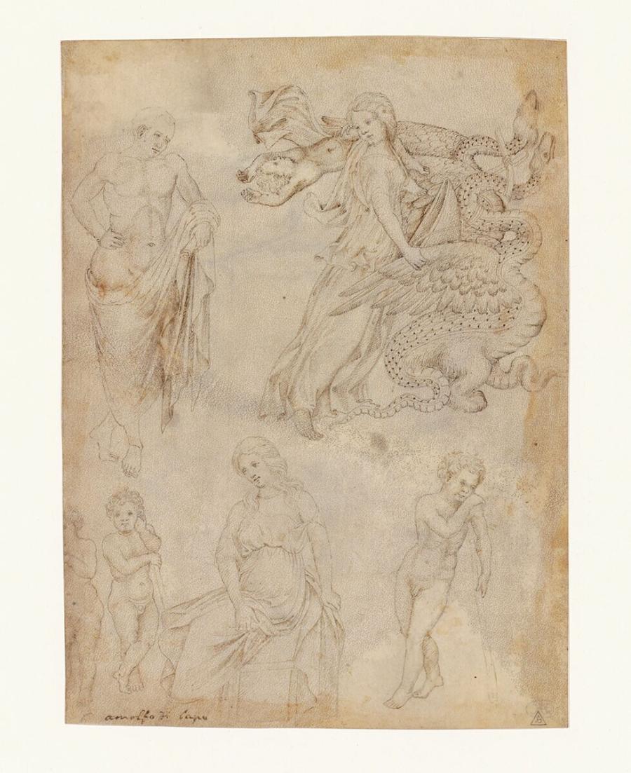 Jason, Medea with One of Her Dead Children Fleeing on a Dragon-Chariot, Creusa and Three Mourning Putti
