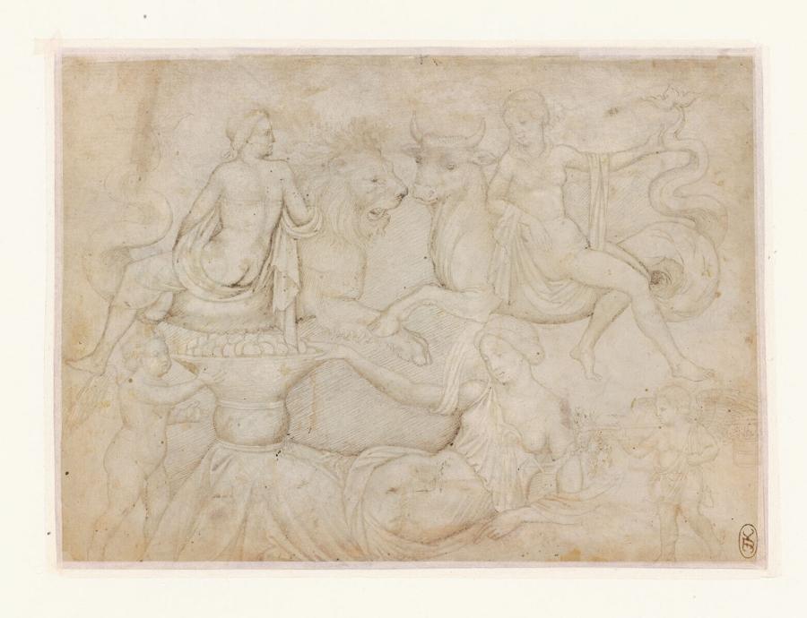 Two Nereids Seated on a Lion and a Bull, a Third Reclining with a Basket of Fruit
