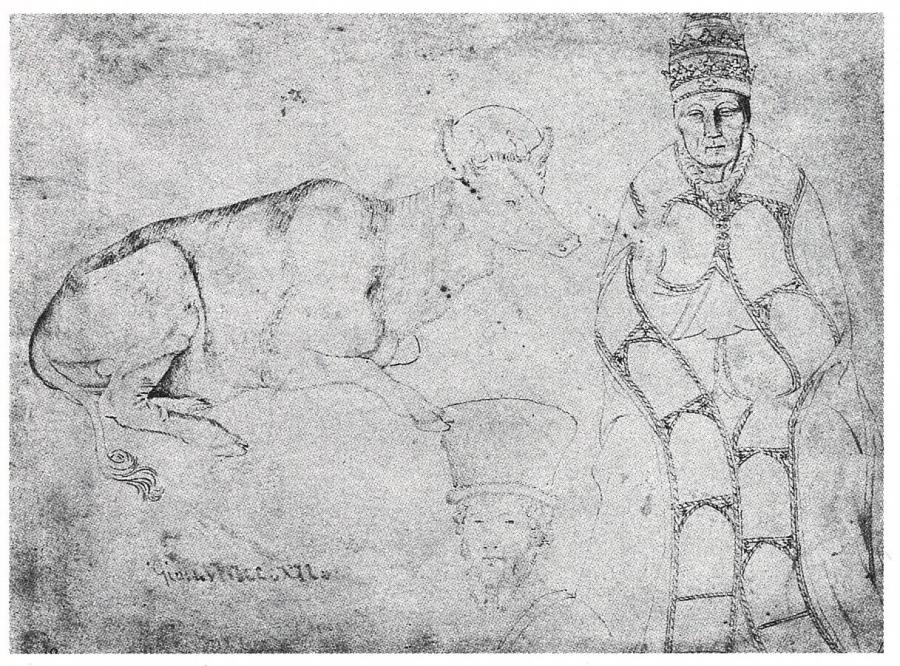 Schetsen van een stier, een zittende paus, en een portret van een figuur met een hoge muts