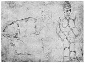schetsen-van-een-stier-een-zittende-paus-en-een-portret-van-een-figuur-met-een-hoge-muts