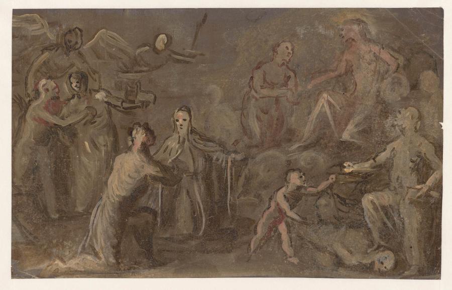 Allegorische voorstelling met een knielende doge