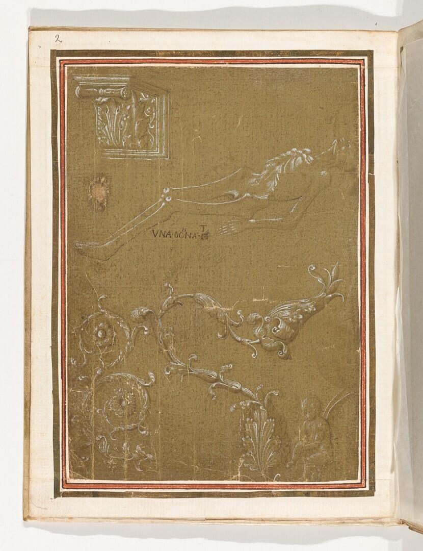 Folio uit het Gozzoli-album: console, skelet, twee ornamentale ranken, zittende putto