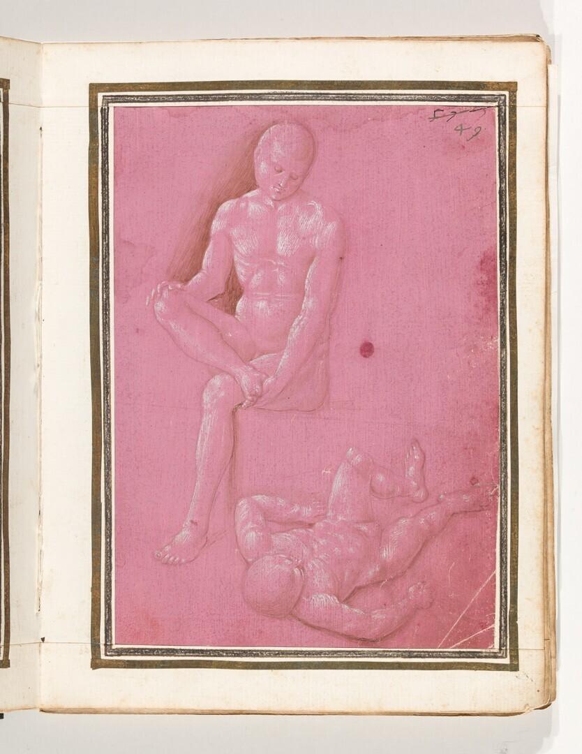 Folio uit het Gozzoli-album: een zittend en een liggend mannelijk naakt, de laatste in verkort perspectief