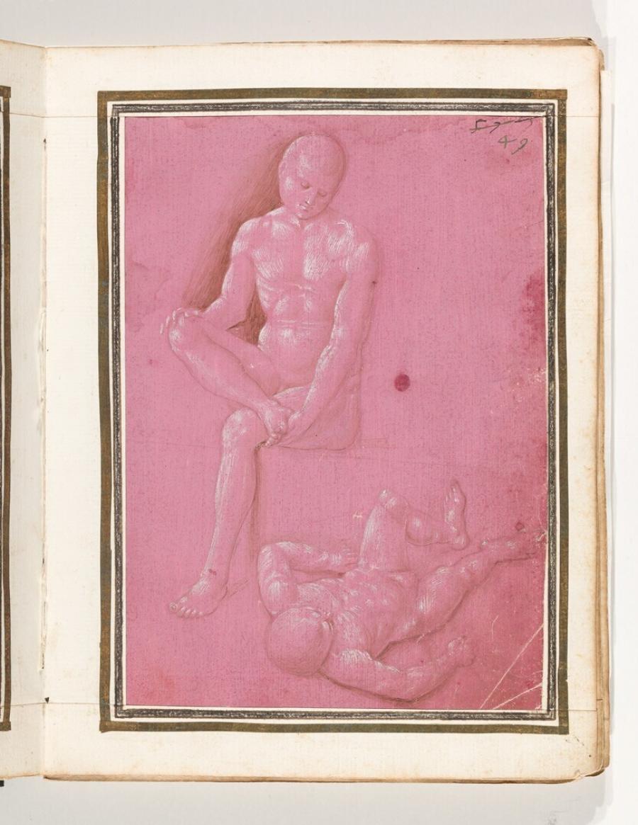 Folio uit het Gozzoli-album: een zittend en een liggend mannelijk naakt, de laatste in verkort perspectief