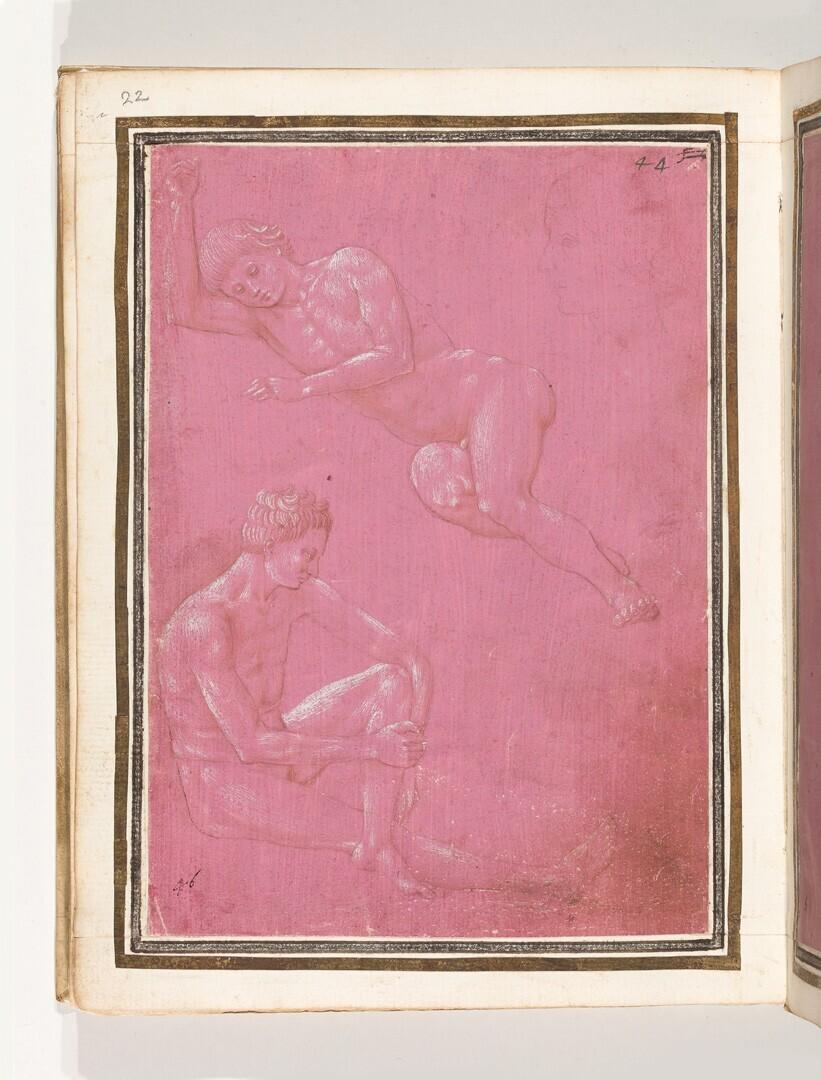 Folio uit het Gozzoli-album: een liggend en een zittend mannelijk naakt, hoofd van een vrouw in profiel naar links
