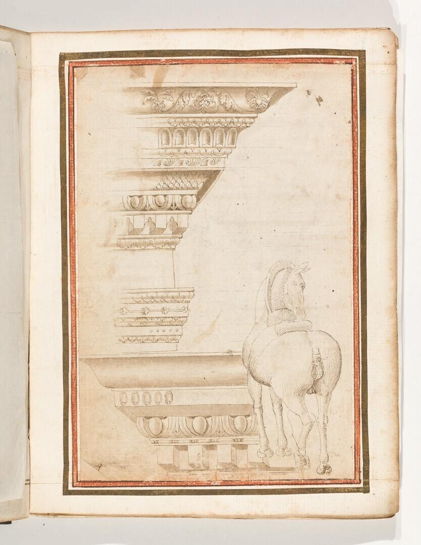 Folio from the Gozzoli Album: Two Classical Entablatures, Striding Horse Seen from Behind