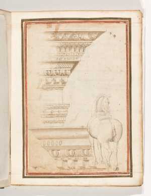 folio-uit-het-gozzoli-album-twee-klassieke-kroonlijsten-lopend-paard-van-achteren-gezien