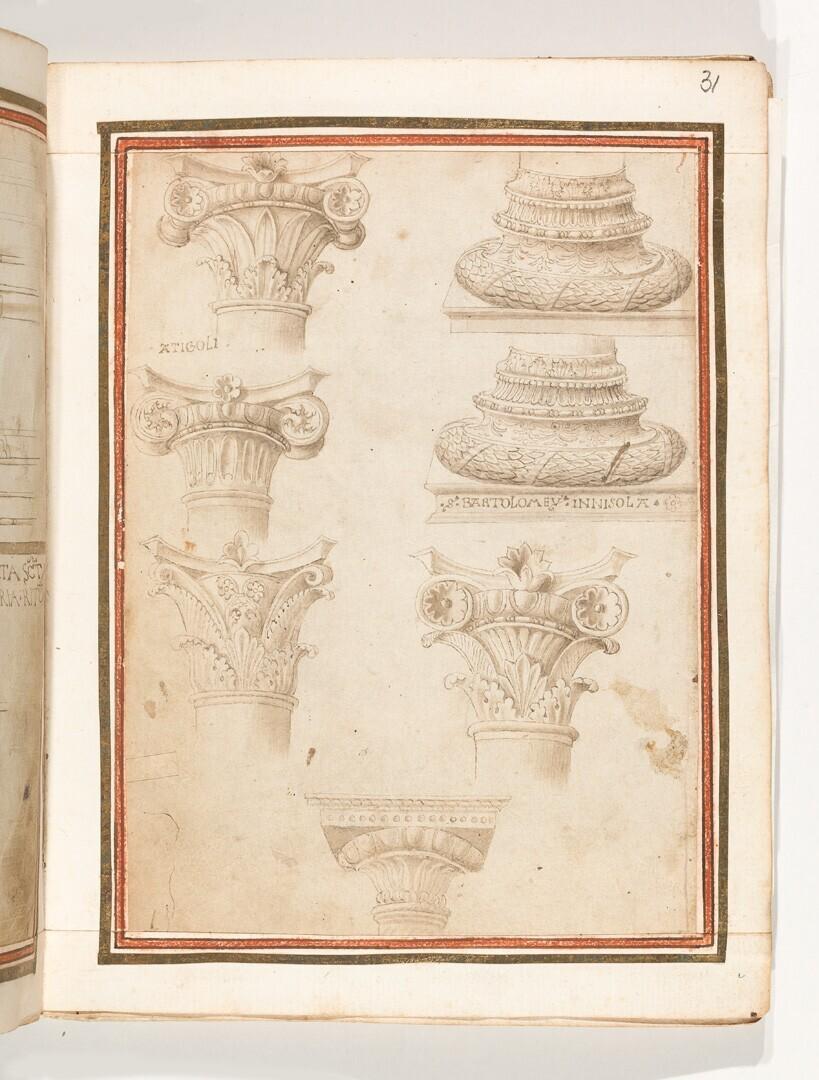 Folio uit het Gozzoli-album: vijf composiete kapitelen en twee basementen