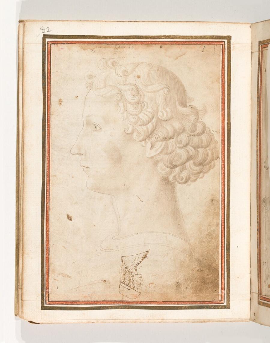Folio uit het Gozzoli-album: jongenshoofd, buste van een man met muts (ondersteboven), beide in profiel naar links