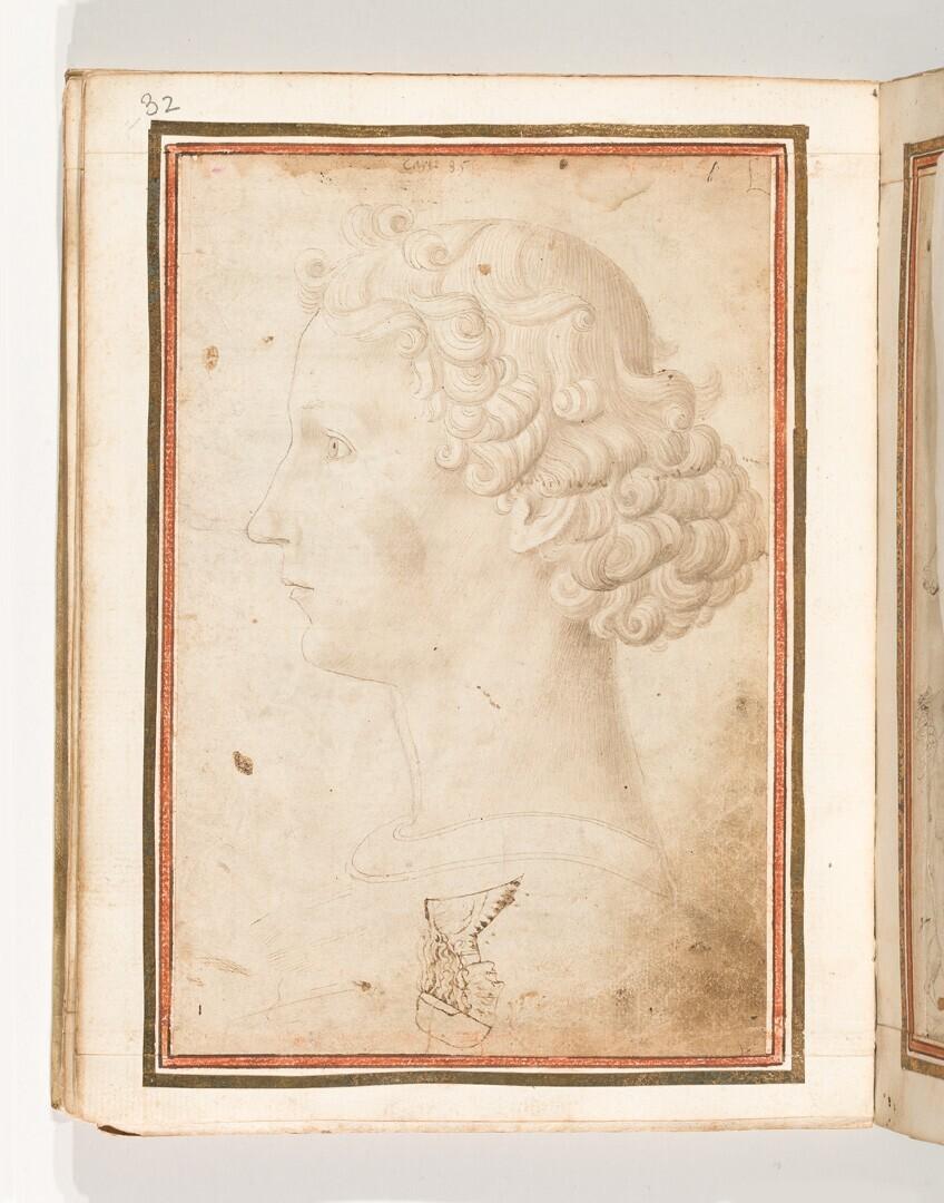 Folio uit het Gozzoli-album: jongenshoofd, buste van een man met muts (ondersteboven), beide in profiel naar links
