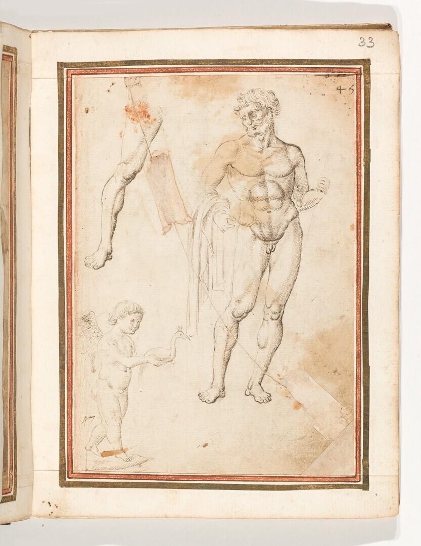 Folio uit het Gozzoli-album: staand mannelijk naakt, frontaal, zijn rechter been herhaald; staand engeltje met een vogel in de handen, naar rechts
