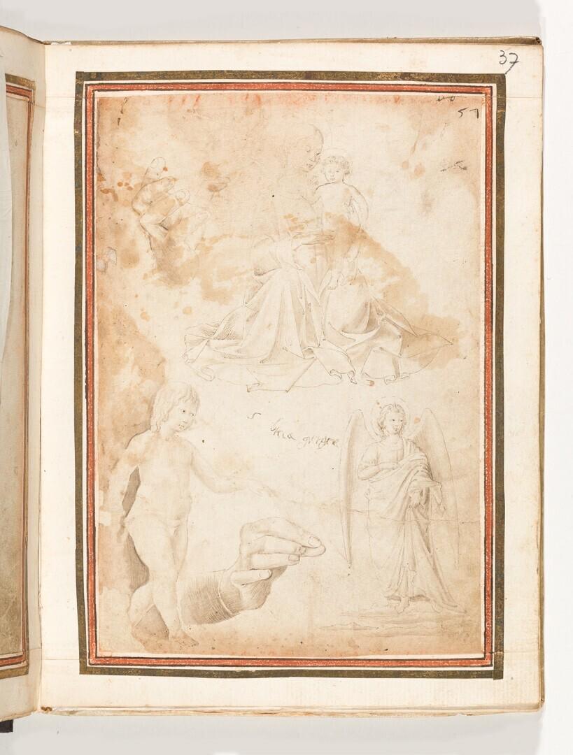 Folio from the Gozzoli Album: Seated Virgin with Christ-Child, Walking Putto, Standing Angel, Two Hands