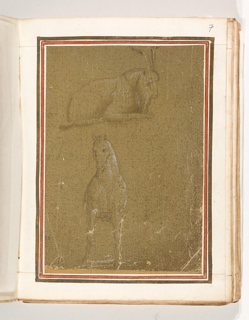 Folio uit het Gozzoli-album: liggende geitebok (van opzij) en lopend paard (van voren)