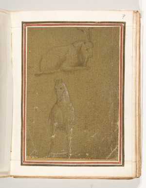 folio-uit-het-gozzoli-album-liggende-geitebok-van-opzij-en-lopend-paard-van-voren
