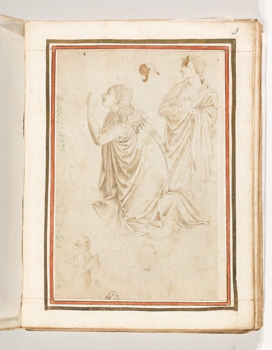 Folio uit het Gozzoli-album: twee treurende figuren uit een Kruisiging, knielende vrouw en staande man. Linksonder een knielende monnik, zijn hoofd herhaald